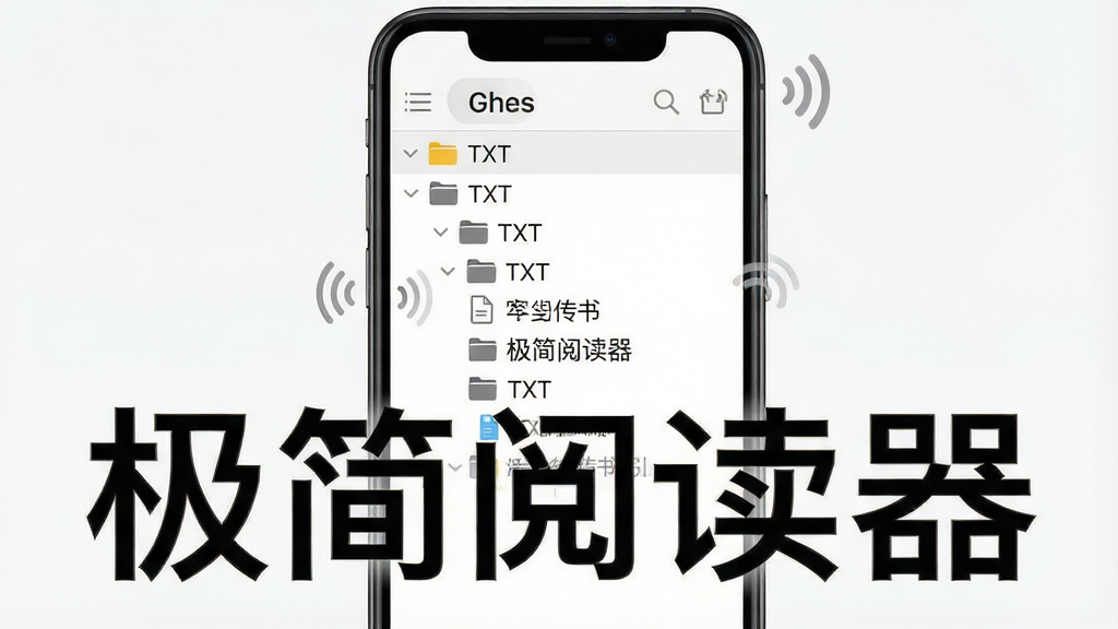 一张展示极简阅读器文件管理界面的图片,主体为手机屏幕显示文件目录树状结构,布局为清晰的列表排版,风格为简约商务风,细节包含文件夹图标、TXT文件图标以及WiFi传书的无线信号标识,画质高清,干净无多余元素,图片中打文字“极简阅读器”