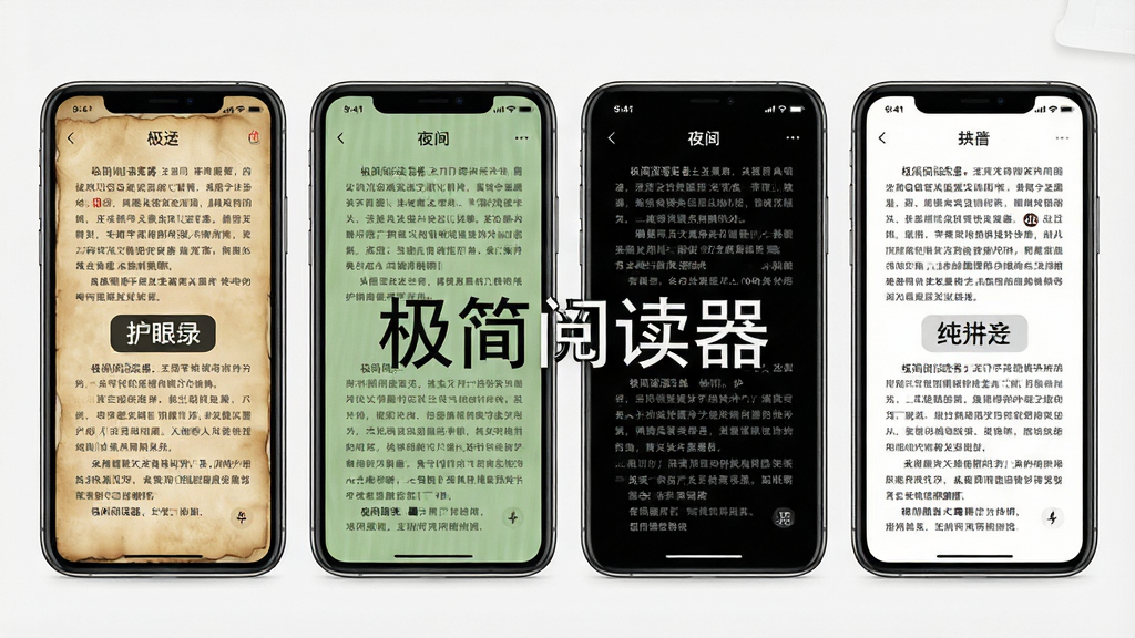 一张展示极简阅读器多种阅读主题切换效果的图片,主体为四部并排的手机,分别显示羊皮纸、护眼绿、夜间黑、纯白四种背景色的阅读界面,布局为水平排列,风格为清新极简,细节包含每部手机屏幕上清晰的小说文字和主题名称标签,画质高清,干净无多余元素,图片中打文字“极简阅读器”