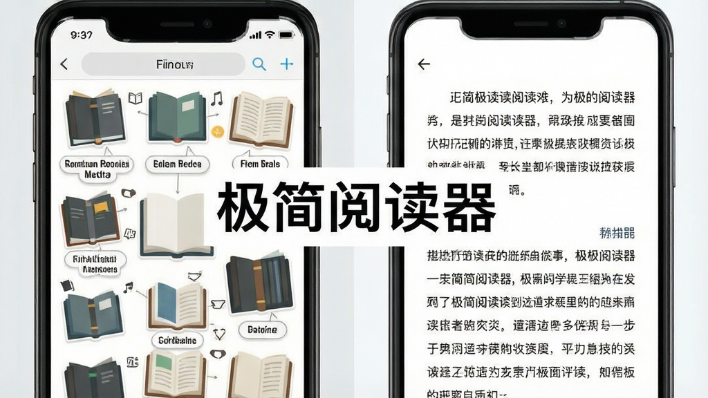 一张展示极简阅读器无广告特性的对比示意图,主体为左右分屏布局,左侧是杂乱拥挤的普通阅读器界面,右侧是极简阅读器干净清爽的纯文字页面,排版采用左右对称对比,风格为扁平化信息图,细节包含清晰的图标和文字标签,画质高清,干净无多余元素,图片中打文字“极简阅读器”