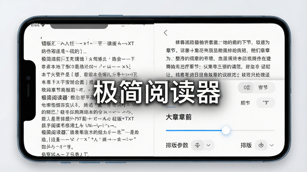 一张展示极简阅读器智能排版功能的界面截图,画面主体为手机屏幕,屏幕内显示排版前后的文字对比效果,左侧是乱码错版的TXT文本,右侧是整齐规范的小说章节,布局为左右对比,风格为科技感UI展示,细节包含字体大小的滑块和排版参数设置面板,画质清晰,干净无多余元素,图片中打文字“极简阅读器”