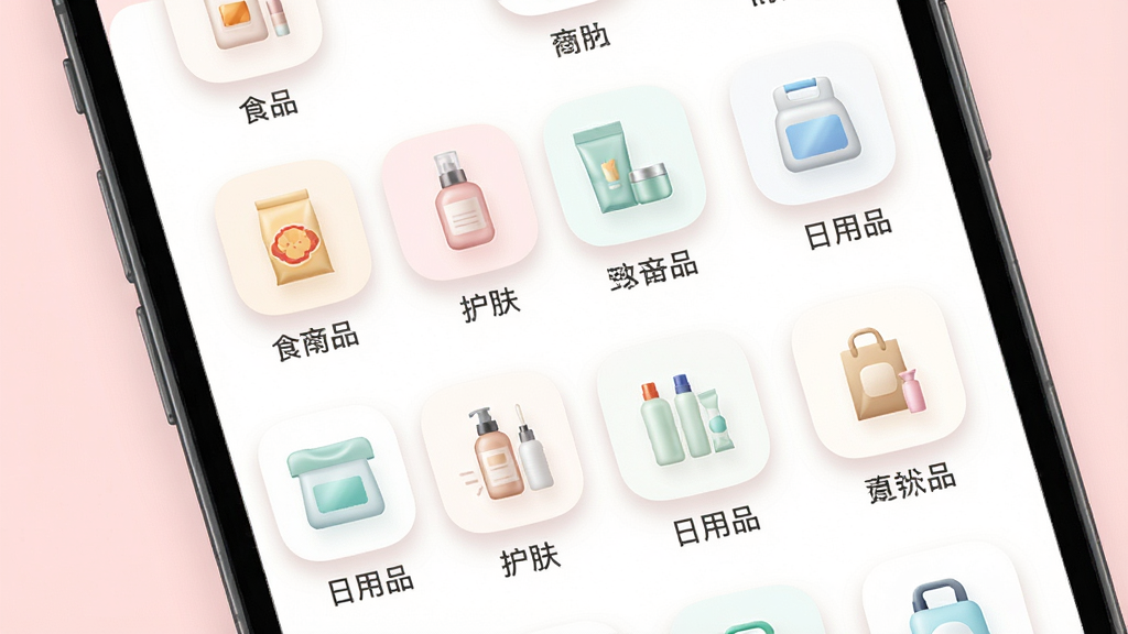 一张龙池牡丹应用的商品分类页面截图风格示意图,主体为手机屏幕中展示多个商品分类图标,包括食品、护肤、日用品等。布局为网格排列,每个图标下方配有文字标签。风格为清新浅色系UI设计风格,细节包括圆角图标、柔和阴影和淡粉色背景。画质清晰,画面干净,无多余元素。