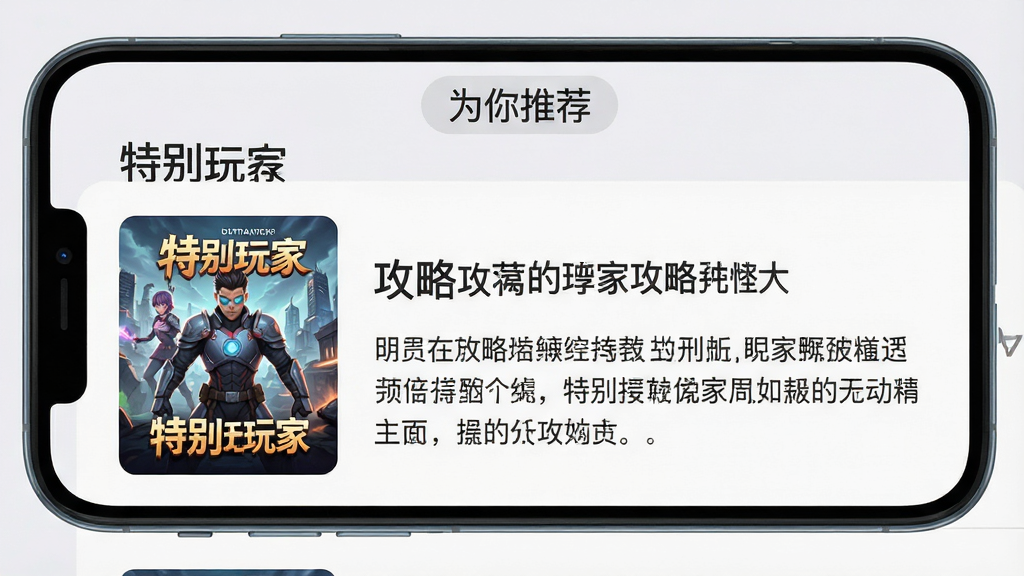 手机界面展示“特别玩家”攻略推荐页面,左侧为游戏封面缩略图,右侧为攻略标题与摘要,顶部有“为你推荐”标签,背景浅灰色,排版整齐,风格清新,画质清晰,干净无多余元素