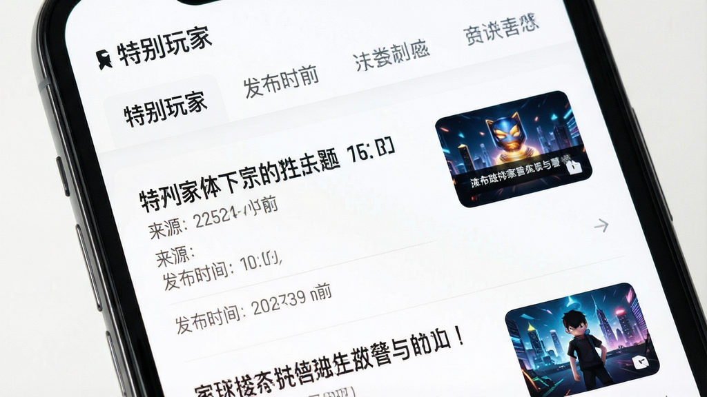 手机屏幕显示“特别玩家”资讯列表页面,每条资讯包含标题、来源、发布时间和缩略图,顶部有分类标签栏,背景白色,字体清晰,风格简约,画质干净,无多余元素
