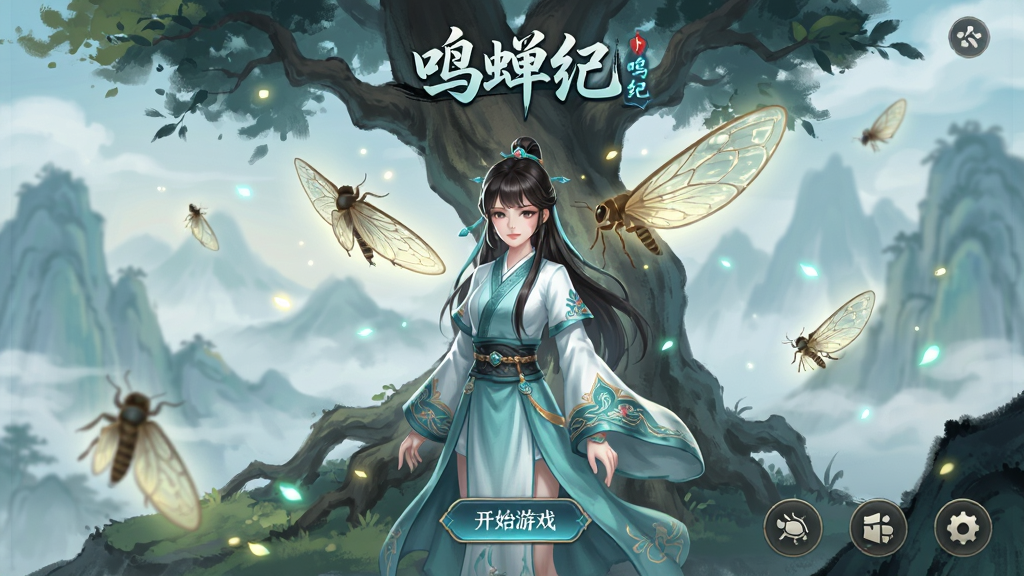 画面中央展示一款名为“鸣蝉纪”的东方奇幻角色扮演手游主界面,主体是一位身着青白色国风长袍的少女角色站立在古树与蝉翼光影之间,布局采用竖版手机屏幕比例,上方为游戏Logo“鸣蝉纪”,下方为开始游戏按钮与功能图标,排版简洁清晰,风格为手绘国风与轻玄幻结合,细节包括飘落的蝉翼光点、远处层叠的山峦与薄雾、角色衣袖上的暗纹刺绣,画质高清,画面干净,无多余元素