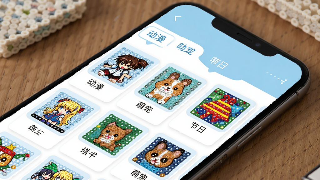 拼豆图图软件内页展示,画面中呈现多个拼豆图纸分类标签如“动漫”“萌宠”“节日”,下方是整齐的图纸卡片列表,每张卡片显示缩略图和名称,界面配色以浅蓝和白色为主,风格清爽简约,布局干净有序,画质清晰