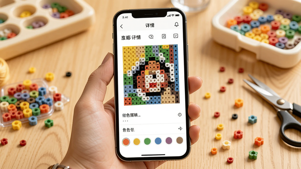 拼豆图图手机端操作示意图,画面展示一只手拿着手机,屏幕上显示拼豆图纸详情页,像素格图清晰可见,底部有色号标注区域,背景为温馨的手工桌面,有彩色拼豆颗粒散落,整体风格生活化,画质干净明亮