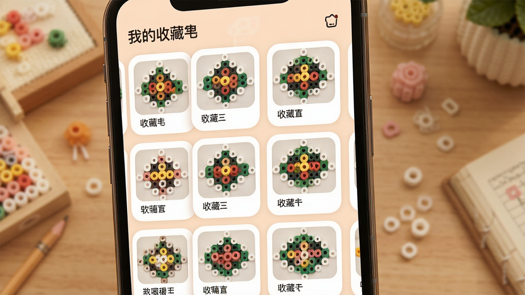 拼豆图图收藏夹界面,手机屏幕显示已收藏的拼豆图纸网格,每张图纸配有名称和缩略图,顶部有“我的收藏”标题,界面采用柔和圆角卡片设计,整体色调温暖舒适,排版整洁,高清画质