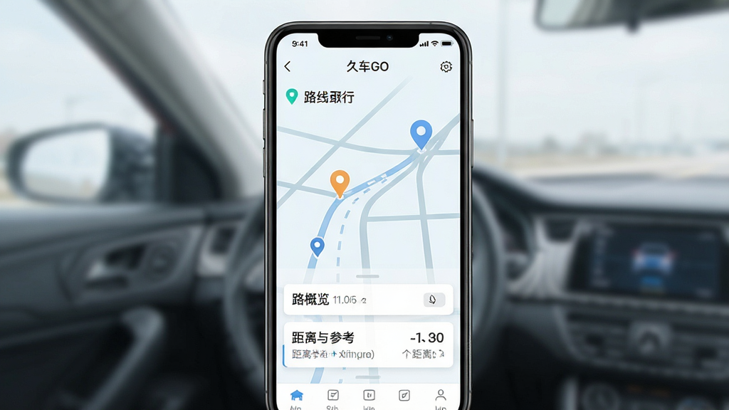 一张“久车GO”出行信息界面的展示图,手机屏幕中显示路线概览与距离时间参考信息,背景是抽象的道路线条与定位点,风格清爽浅色,布局居中,细节明确,画质干净,无多余元素