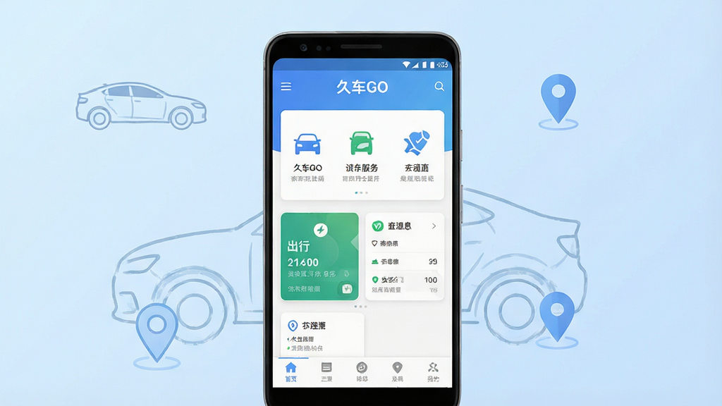 一张展示“久车GO”手机应用主界面的场景图,画面中央是一部竖屏安卓手机,屏幕内显示“久车GO”应用首页,包含车辆服务图标、出行信息卡片和底部导航栏,背景是简洁的浅蓝色渐变,周围点缀汽车轮廓线条和定位图标,整体布局居中对称,风格现代清爽,细节清晰,画质干净,无多余元素