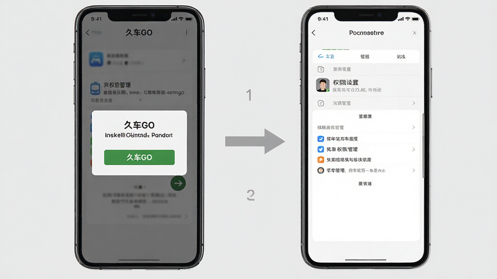 一张“久车GO”安装与权限设置的操作示意图,画面中一部手机显示安装确认弹窗和权限管理页面,旁边有简洁的箭头标注操作步骤,背景为浅灰色,风格实用清晰,布局条理分明,细节明确,画质干净,无多余元素