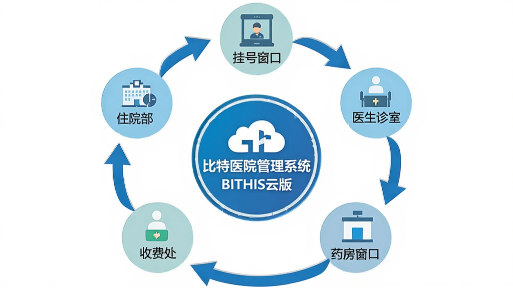 ��������Ϊһ�黷��ʽҵ������ͼ�������ǡ�����ҽԺ����ϵͳ BITHIS�ư桱Բ�α�ʶ����Χ�������ӹҺŴ��ڡ�ҽ�����ҡ�ҩ�����ڡ��շѴ���סԺ�����ģ��ͼ�꣬����ɫ��ͷ�γɱջ�������Ϊ���η���״�����Ϊ���±�ƽ����Ϣͼ��ϸ�ڰ���ÿ��ģ���Ե�Сͼ��ͼ�̱�ǩ���֣����ʸ��塢�ɾ����޶���Ԫ��