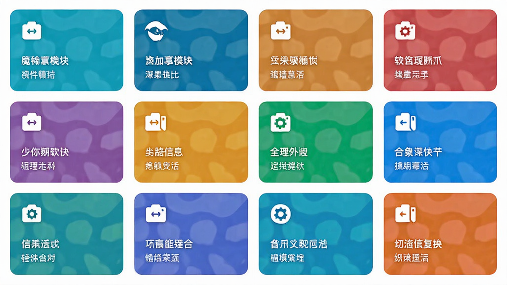 画面展示“魔爪”软件功能模块的平面布局示意图,各个功能区块以彩色卡片形式排列在白色背景上,布局采用网格化排版,风格为简约信息图,细节上每个卡片带有小图标和简短文字标注,画质高清2K,画面干净整洁无多余装饰