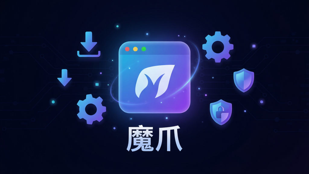 软件名称“魔爪”居中展示,整体画面以深色科技感背景为主,主体是一个发光的软件界面图标悬浮在画面中央,周围环绕着下载箭头、齿轮、盾牌等元素,布局采用中心对称构图,风格偏向现代扁平化科技风,细节上加入渐变光效和细微粒子点缀,画质为高清2K,画面干净整洁无多余杂乱元素,整体色调以蓝紫渐变为主