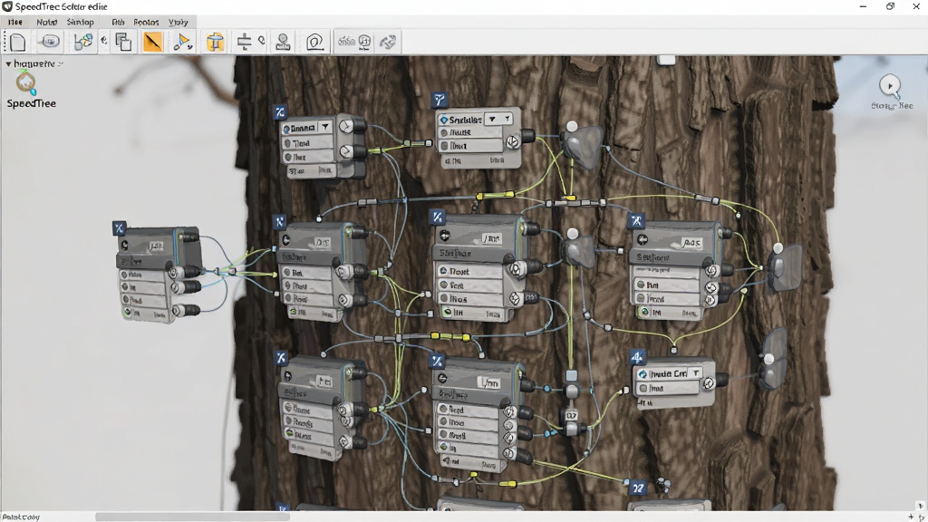 SpeedTree�����нڵ���ʱ༭������д���棬չʾ��Ƥ���ʵĽڵ��������磬�ڵ��֮��������������������һ��Ӧ���˸ò��ʵ����ɾֲ�����������רҵ��ǿ����������ϸ�ڣ������������ɾ����޶���Ԫ��