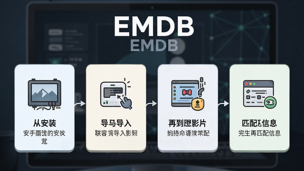 一幅展示EMDB新手操作流程的图解,画面以步骤卡片形式展示从安装到导入影片再到匹配信息的完整过程,每张卡片配有简洁图标和文字说明,整体风格清新浅色,布局从左到右依次排列,EMDB名称出现在标题位置,细节清晰,画质高清,干净无多余元素