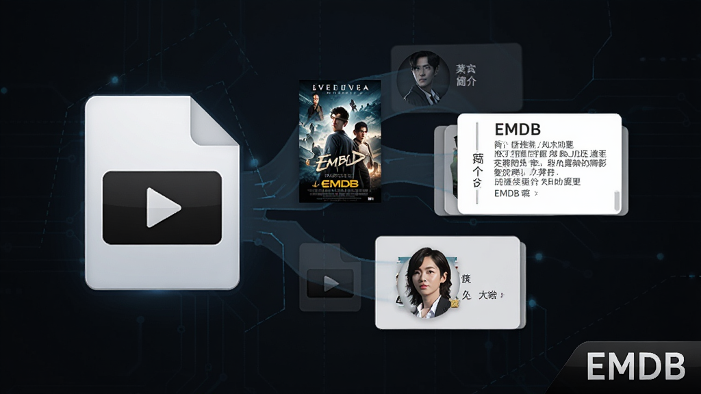 一幅展示EMDB自动抓取影片信息的示意图,画面中一个视频文件图标旁边延伸出海报、简介、演员头像等信息卡片,背景是深色科技感风格,软件名称EMDB显示在画面角落,主体突出,排版有序,细节清晰,画质高清,干净无多余元素