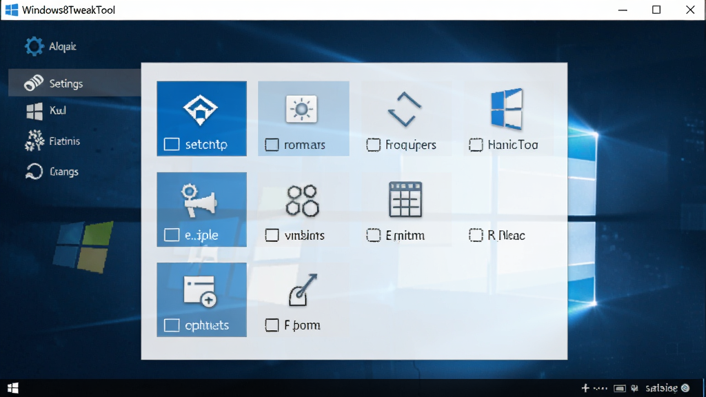 Windows8TweakTool软件主界面概览图,画面中央是简洁的Windows8风格设置面板,包含多个功能分类图标,主体为软件界面截图风格,布局清晰,排版整齐,风格干净现代,细节上体现按钮和选项文字,画质清晰,画面干净,无多余元素