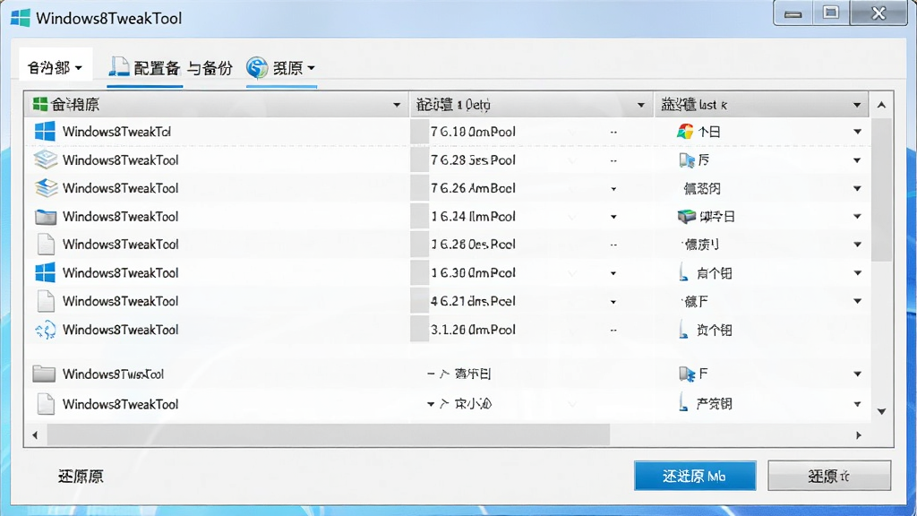 Windows8TweakTool配置备份与还原功能界面图,画面展示软件中备份列表与还原按钮,主体为软件操作面板,布局为上下结构,排版清晰,风格为工具类软件界面,细节上体现文件列表和操作按钮,画质清晰,画面干净,无多余元素