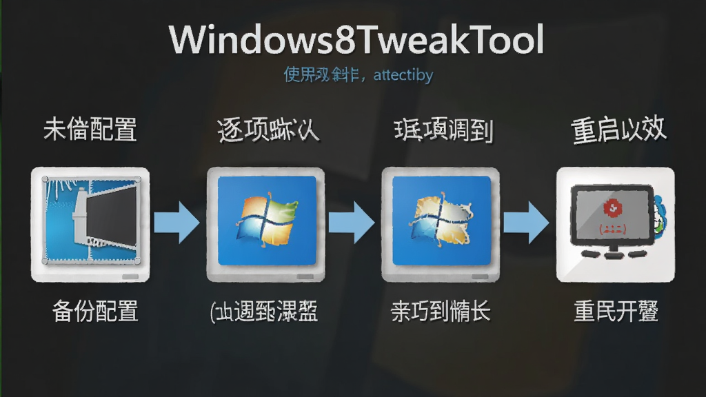 Windows8TweakTool使用操作步骤示意图,画面展示从备份配置到逐项调整再到重启生效的流程,主体为操作流程图,布局为横向步骤排列,排版简洁明了,风格为教程示意图,细节上包含箭头和文字标注,画质清晰,画面干净,无多余元素