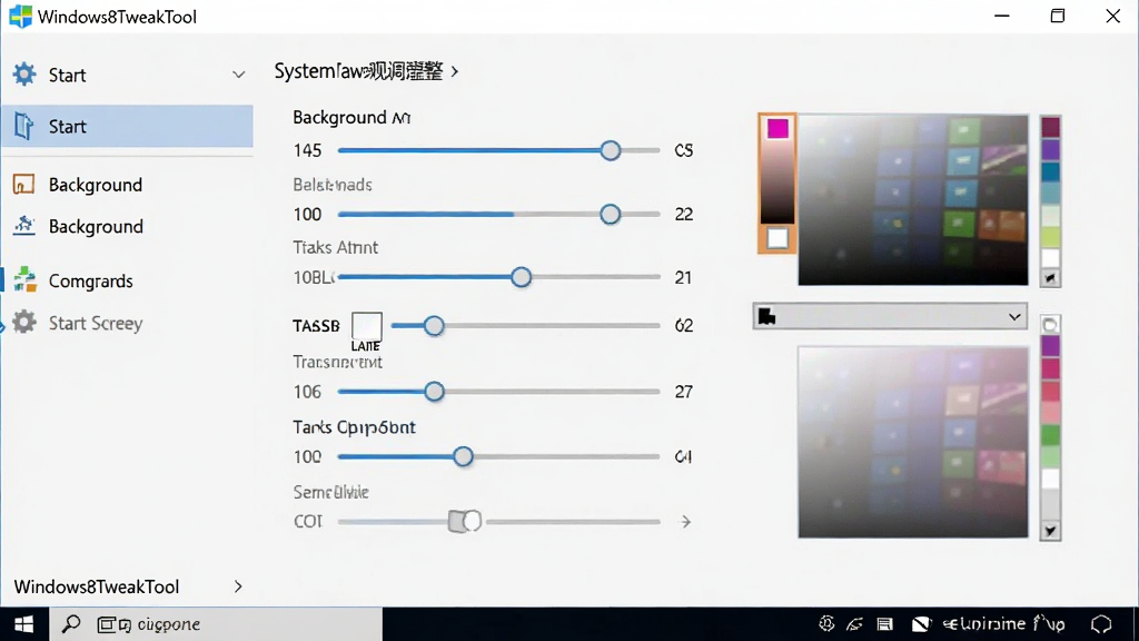 Windows8TweakTool界面中系统外观调整功能的截图示意,画面展示软件内关于开始屏幕背景和任务栏透明度的设置选项,主体为软件功能面板,布局为左侧菜单右侧选项,排版整洁,风格为现代软件界面,细节上突出滑块和颜色选择器,画质清晰,画面干净,无多余元素