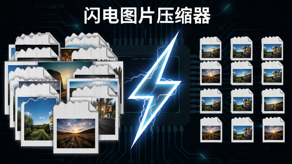 一张展示「闪电图片压缩器」批量处理能力的示意图,画面左侧堆叠着大量图片文件,中间有一道闪电形状的光束穿过,右侧输出排列整齐且体积变小的图片文件,背景为深色科技风格,主体突出,排版紧凑,画质高清,干净利落