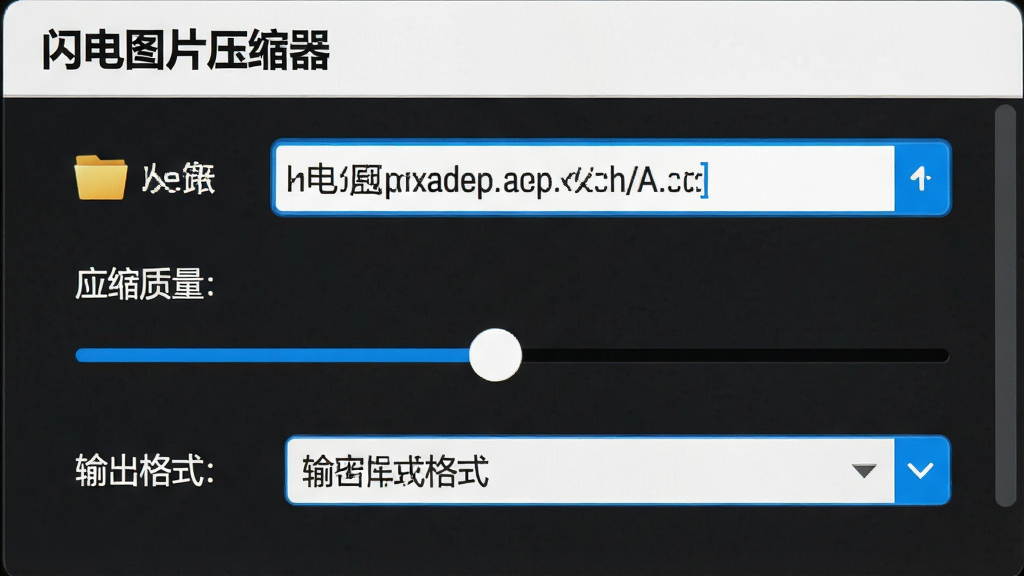 一张「闪电图片压缩器」批量设置面板的界面特写,面板上显示文件夹路径选择、压缩质量滑块、输出格式下拉菜单等控件,界面布局规整,配色清爽,细节锐利,画质高清,无多余元素