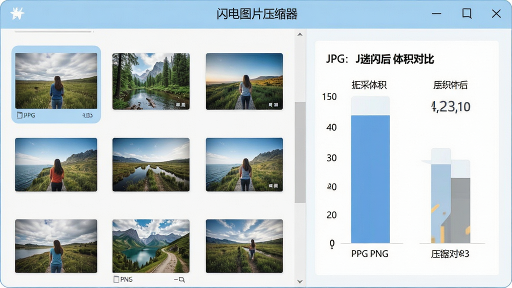 一张干净明亮的软件界面截图,画面中央是「闪电图片压缩器」的主窗口,左侧整齐排列着几张待压缩的JPG和PNG图片缩略图,右侧显示压缩前后体积对比数据,界面采用淡蓝色与白色搭配的扁平化设计,风格简洁现代,细节清晰,画质高清,无多余元素