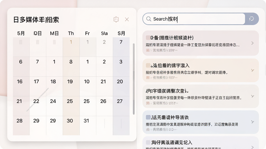 一张桌面多媒体日记本的日历检索界面图,画面左侧是月历面板,右侧是搜索结果列表,搜索框中显示关键词,列表展示多条日记摘要,界面配色柔和,布局规整,风格简约商务,细节清晰,画质干净,无多余元素