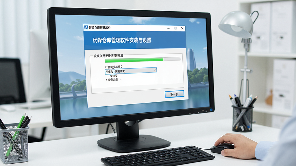 一张展示优锋仓库管理软件安装与设置界面的图片,画面中电脑屏幕上显示着软件的安装向导窗口,窗口中有“下一步”按钮和路径选择框,旁边有一只手正在点击鼠标,背景是整洁的办公桌面,风格为教程演示风,细节包括屏幕上的软件名称和安装进度条,画质清晰,干净,无多余元素
