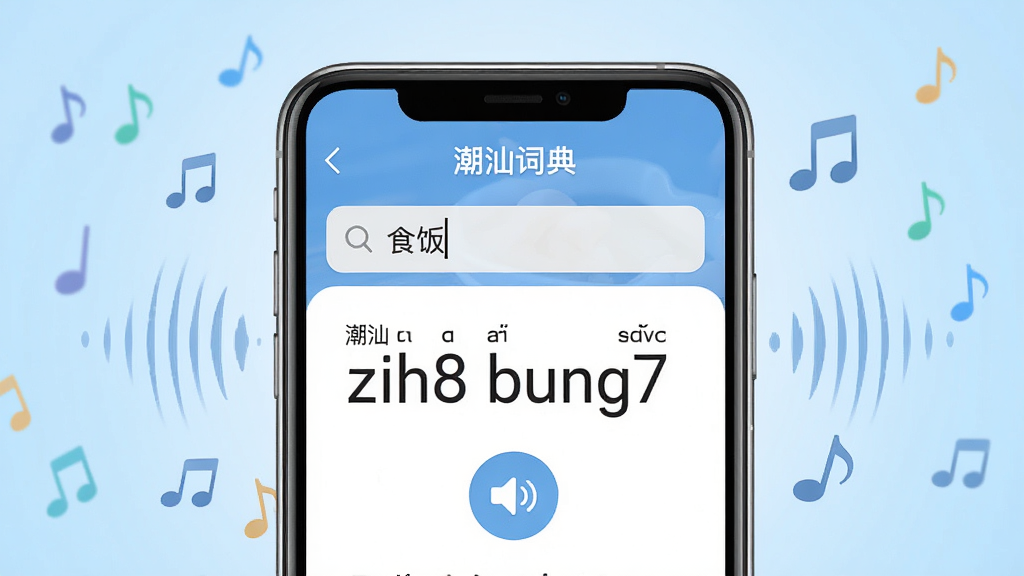 画面中央一部手机显示“潮汕词典”查读音界面,上方搜索框输入“食饭”,下方显示潮汕拼音与声调标注,旁边有一个发声按钮,手机周围漂浮着音符图标和声波纹理,背景为浅蓝色渐变,布局简洁,风格为写实UI展示,细节有潮汕话拼音字母“zih8 bung7”清晰可见,画质高清,干净无多余元素