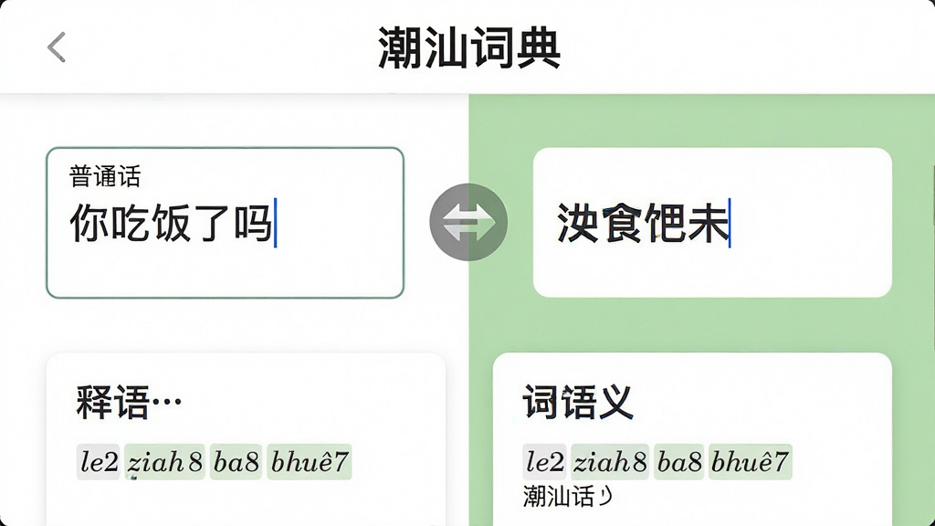画面中央展示“潮汕词典”在线翻译功能界面,左侧输入框显示普通话“你吃饭了吗”,右侧输出框显示潮汕话“汝食饱未”,中间有双向箭头图标,界面下方有词语释义卡片,背景为白色与浅绿色搭配,布局左右分栏,风格为扁平化设计,细节有潮汕话拼音标注“le2 ziah8 ba2 bhuê7”,画质高清,干净无多余元素