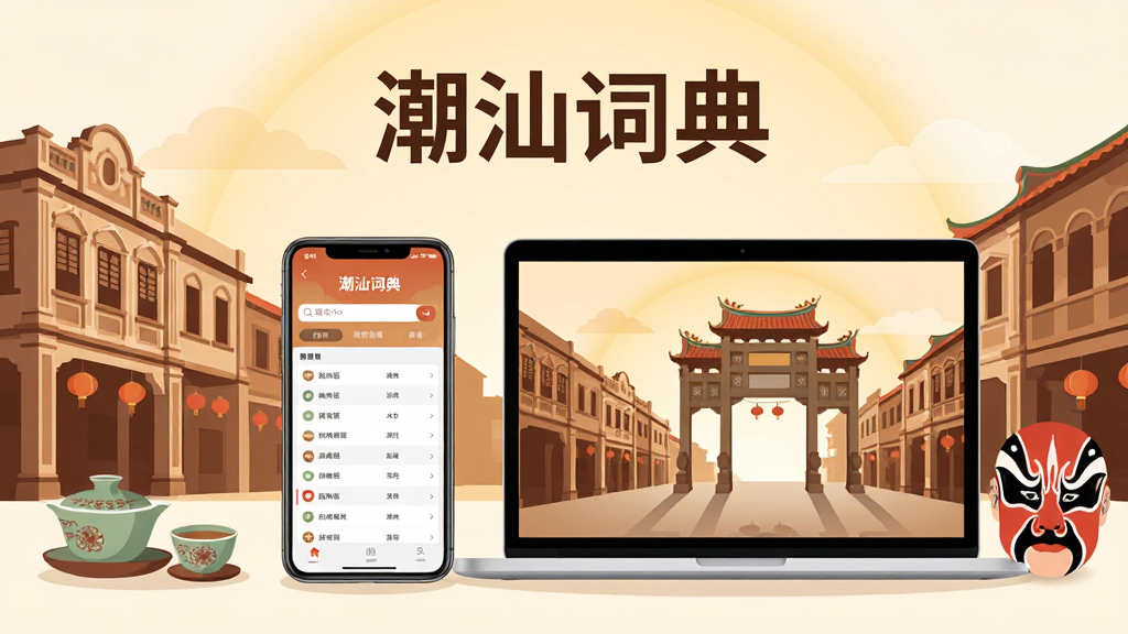 画面中央展示一部智能手机与一台笔记本电脑并排摆放,手机屏幕和电脑屏幕上均显示“潮汕词典”软件主界面,界面中有搜索框和潮汕话词汇列表,背景为潮汕传统建筑剪影如骑楼与牌坊街,整体布局左右对称,上方有柔和的暖色光晕,排版清晰突出软件名称,风格为现代扁平化插画,细节包括潮汕功夫茶具与潮剧脸谱点缀,画质高清干净,无多余元素