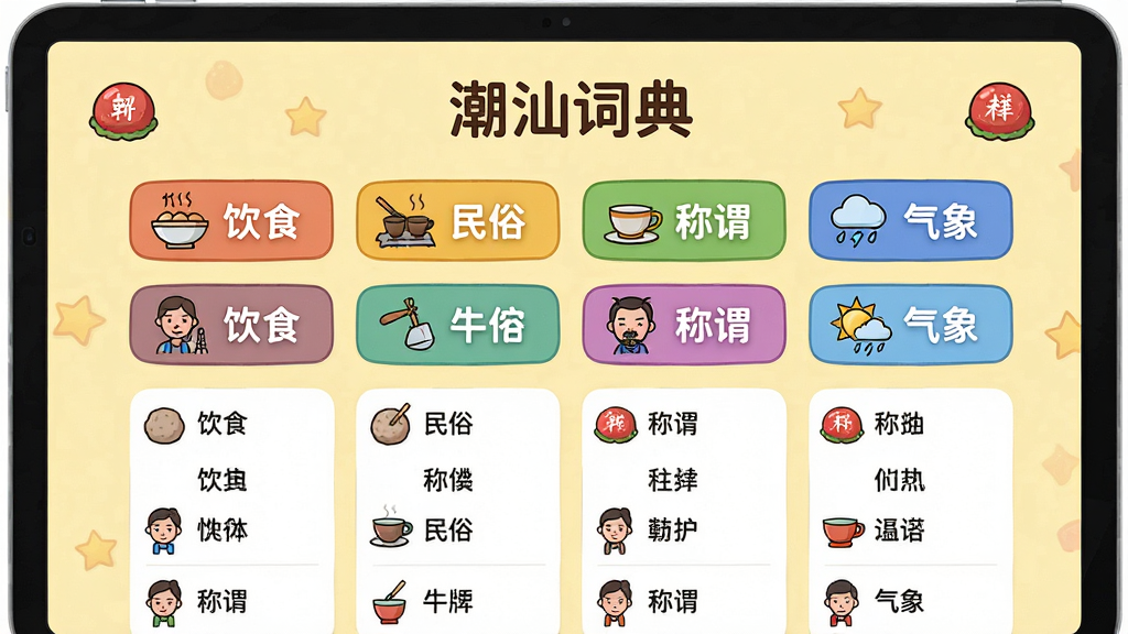 画面中央展示“潮汕词典”词库分类界面,屏幕中排列着多个彩色分类标签如“饮食”“民俗”“称谓”“气象”,每个标签旁有代表性图标,下方有词汇列表,背景为淡黄色,布局网格状,风格为卡通扁平化,细节有潮汕牛肉丸、功夫茶、红桃等小图标点缀,画质高清,干净无多余元素
