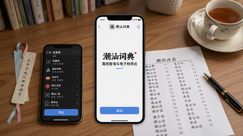 画面中央展示“潮汕词典”离线查询与电子档导出界面,手机屏幕显示收藏夹列表与导出按钮,旁边有一张纸质打印稿展示潮汕话词汇表,背景为书房桌面,布局左手机右文档,风格为写实场景,细节有书签、笔和茶杯,画质高清,干净无多余元素