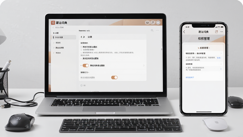 画面中央展示一台笔记本电脑与一部手机同时打开“潮汕词典”软件,电脑屏幕显示设置界面中的“离线词库自动更新”开关,手机屏幕显示权限管理页面,背景为简洁的办公桌面,布局左右并列,风格为写实科技风,细节有鼠标、键盘和充电线,画质高清,干净无多余元素