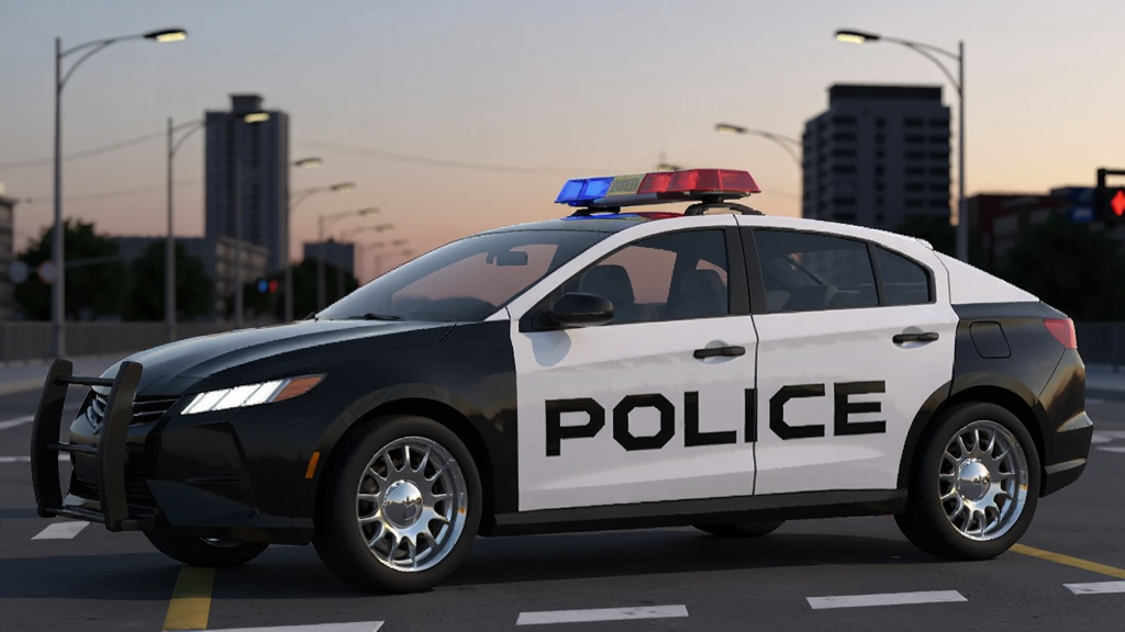 画面中央停放一辆黑白涂装的现代警车,车身侧面印有