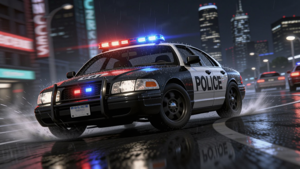 一辆警车在雨夜城市道路上高速漂移过弯,车身倾斜,轮胎与湿滑路面摩擦溅起水花,车顶红蓝警灯闪烁,背景是模糊的霓虹灯与高楼,画面采用低角度追拍视角,写实3D风格,细节包括水珠、灯光反射、路面纹理,画质清晰,干净无多余元素。