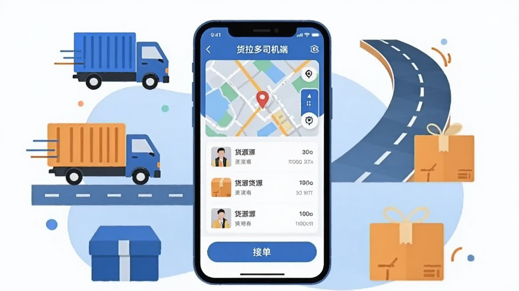 画面中央展示一部智能手机,手机屏幕上清晰显示“货拉多司机端”APP的界面,界面包含地图、货源列表和接单按钮等元素。手机周围环绕着货车、公路、货物包裹等货运相关图标,采用扁平化插画风格,色彩以蓝色和橙色为主,整体布局简洁明快,画质清晰,干净无多余元素。