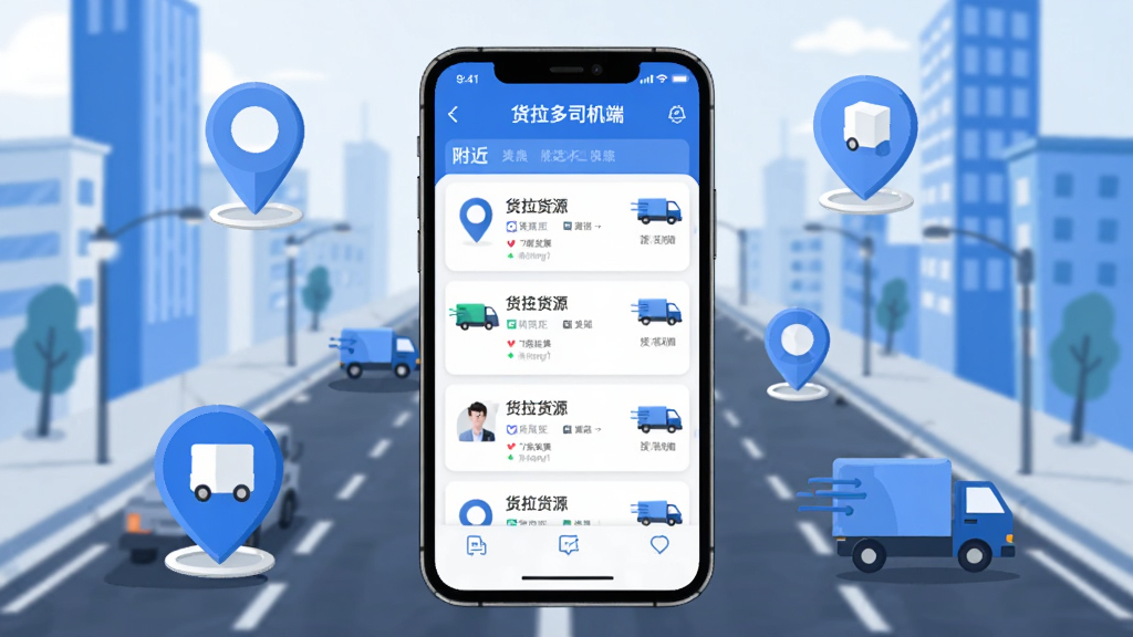 画面中心是一部手机,屏幕显示“货拉多司机端”的货源列表界面,周围散布着多个定位图标和货车图标,代表附近货源。背景是一条城市道路,采用现代扁平化设计风格,主色调为蓝色和白色,细节清晰,画质干净,无多余元素。