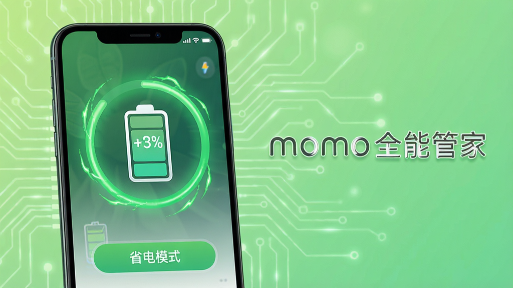 一张展示momo全能管家电池优化功能的AI生图,画面主体是一部手机,手机屏幕上显示着电池图标和电量百分比,电池图标周围有绿色的能量环,屏幕下方有“省电模式”按钮,背景是浅绿色渐变,带有电路板纹理,画面右侧有“momo全能管家”文字,整体风格清新自然,画质清晰,无多余元素