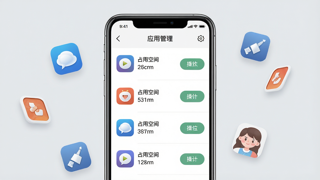 一张展示momo全能管家应用管理界面的概念图,画面中央是手机屏幕,屏幕上显示着应用列表,每个应用旁边有占用空间大小和操作按钮,屏幕上方有“应用管理”标题,背景是淡雅的浅灰色,周围漂浮着几个应用图标,整体风格简约商务,画质清晰,无多余元素