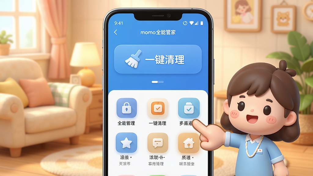 一张展示momo全能管家新手操作界面的AI生图,画面主体是一部安卓手机,手机屏幕上显示着momo全能管家的首页,上方有“一键清理”大按钮,下方有功能图标网格,屏幕旁边有一个卡通人物用手指着屏幕上的清理按钮,背景是温馨的家居环境,风格轻松友好,画质清晰,无多余元素,图片中有文字“momo全能管家”