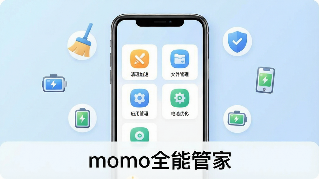 一张展示momo全能管家软件界面的概念图,画面中央是手机屏幕,屏幕上显示着momo全能管家的主界面,包含清理加速、文件管理、应用管理、电池优化等功能图标,图标排列整齐,界面干净清爽,背景是柔和的浅蓝色渐变,周围点缀着一些代表手机维护的小图标如扫帚、盾牌、电池等,整体风格简洁现代,画质清晰,无多余元素,图片下方有文字“momo全能管家”