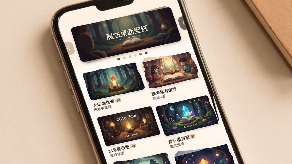 一张展示魔法桌面壁纸智能推荐首页的界面图,画面主体是手机屏幕上瀑布流式的壁纸推荐列表,布局为顶部轮播图下方双列瀑布流,风格温暖舒适,细节上每张壁纸风格各异、有标签标注推荐理由,画质清晰,干净,无多余元素