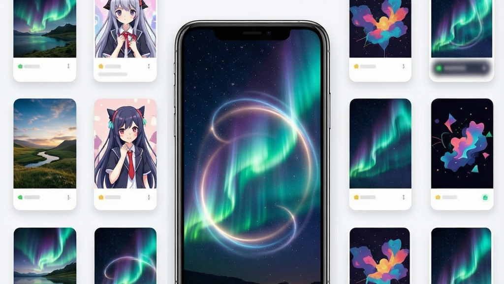 一张展示魔法桌面壁纸手机应用界面的效果图,画面中央是一部智能手机,手机屏幕上显示着色彩绚丽的动态壁纸效果,背景是浩瀚星空与流动的极光,手机周围环绕着多个小型壁纸缩略图卡片,布局整洁有序,风格为现代科技感与梦幻唯美相结合,细节上屏幕内壁纸有光晕流动效果,缩略图包含风景、动漫、抽象等类型,画质清晰,干净,无多余元素