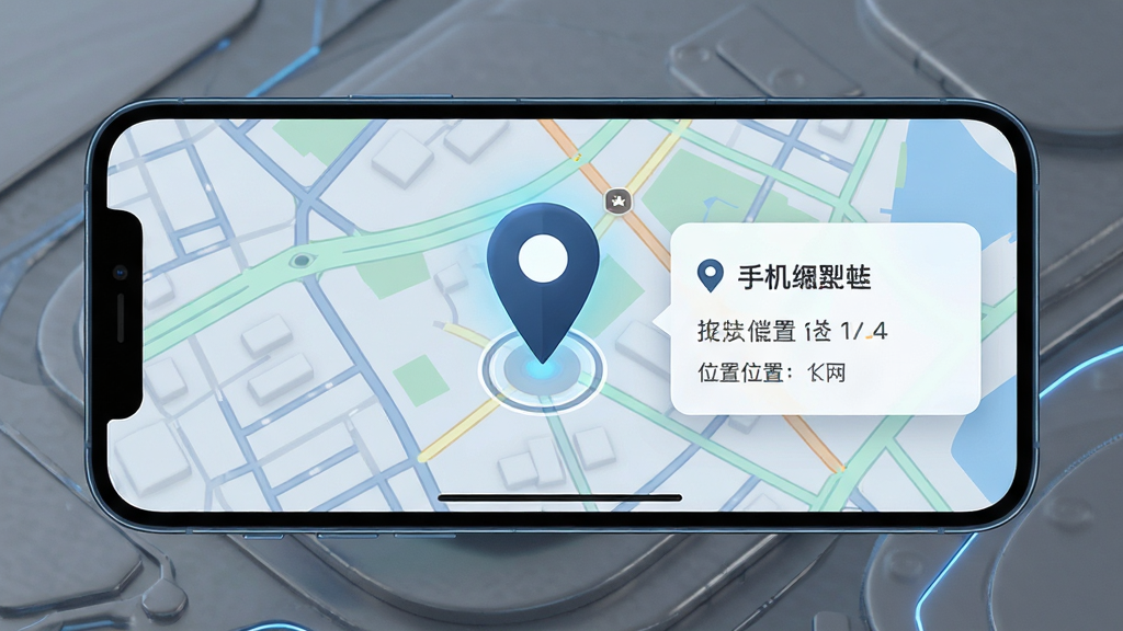 手机定位查找软件实时位置查看功能展示,一部手机横屏显示地图界面,地图上有醒目的定位图钉标记,旁边有信息卡片显示位置名称,整体布局清晰,风格现代科技感,画质干净,无多余元素