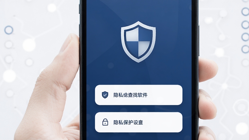 手机定位查找软件安全隐私保护界面,手机屏幕上显示盾牌图标和隐私设置选项,整体色调为深蓝色,风格稳重安全,布局简洁,画质干净,无多余元素