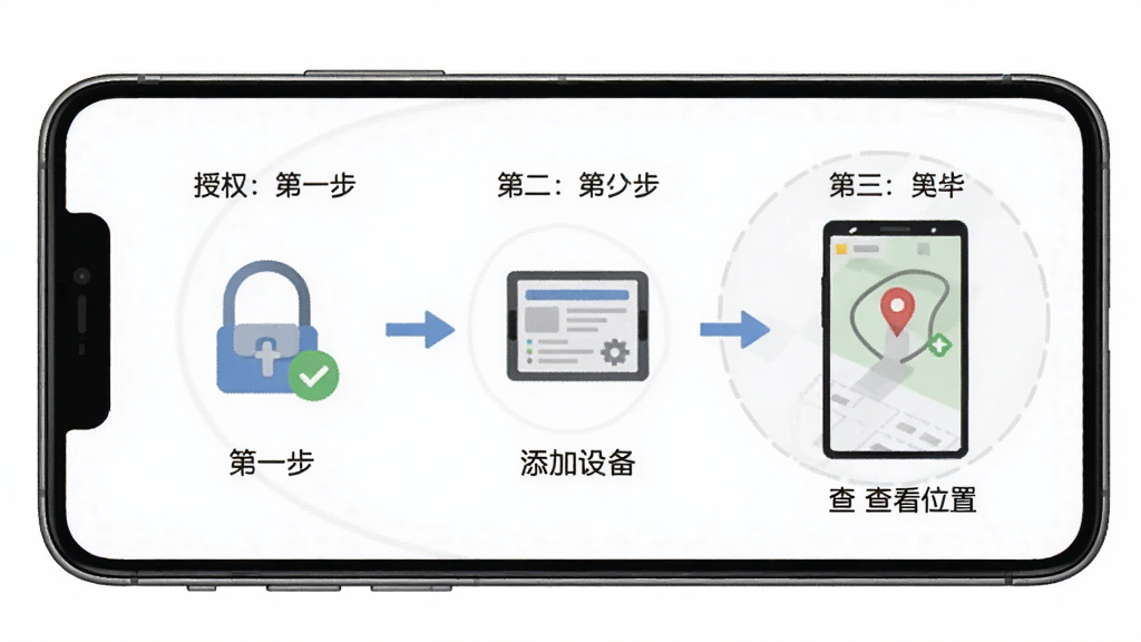 手机定位查找软件新手操作引导页面,手机屏幕显示分步操作图示,第一步授权,第二步添加设备,第三步查看位置,界面排版清晰,风格友好,画质干净,无多余元素