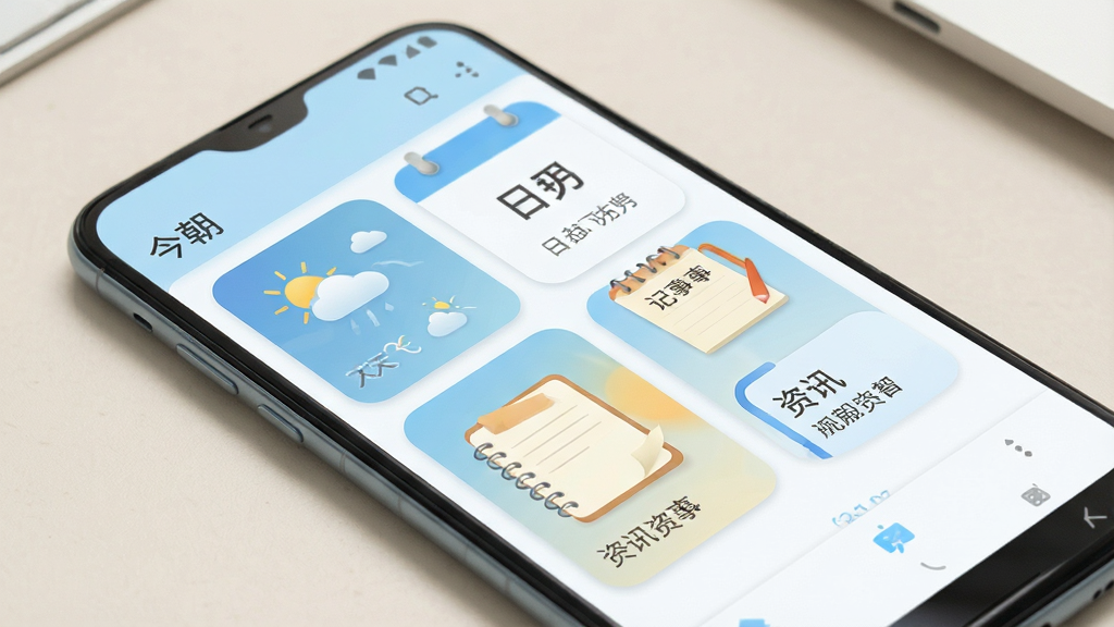 一张安卓手机应用界面展示图,画面中“今朝”应用首页以卡片形式排列着天气、日历、记事本、资讯四个模块,卡片圆角柔和,配色以浅蓝和白色为主,背景为干净的浅色桌面,手机屏幕清晰透亮,整体风格简洁明快,画质细腻,无多余装饰元素