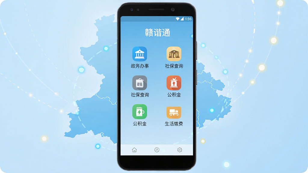 画面中央放置一部安卓手机,手机屏幕显示“赣谐通”应用主界面,界面中有政务办事、社保查询、公积金、生活缴费等图标整齐排列,背景为浅蓝色渐变,周围环绕江西省地图轮廓和数字化光点,整体风格简洁现代,扁平化设计,画质清晰,干净,无多余元素